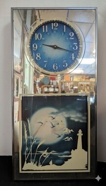 Vintage 1970s Brytone Mechanical Mirror Works Lighthouse Nautical Wall Clock